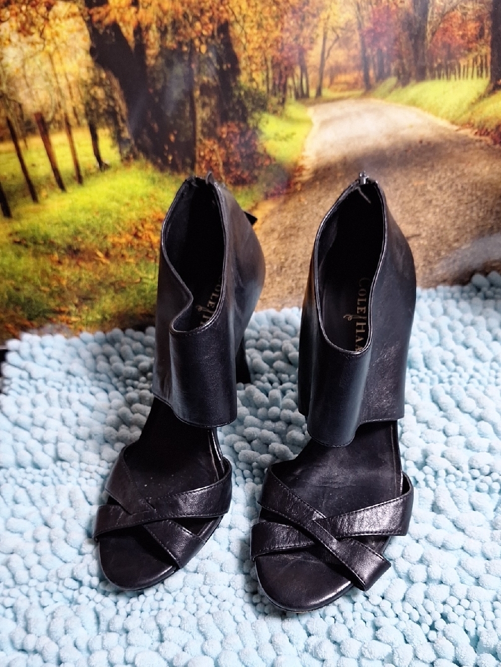 Cole Haan Black Leather Open-Toe Ankle Strap Heels